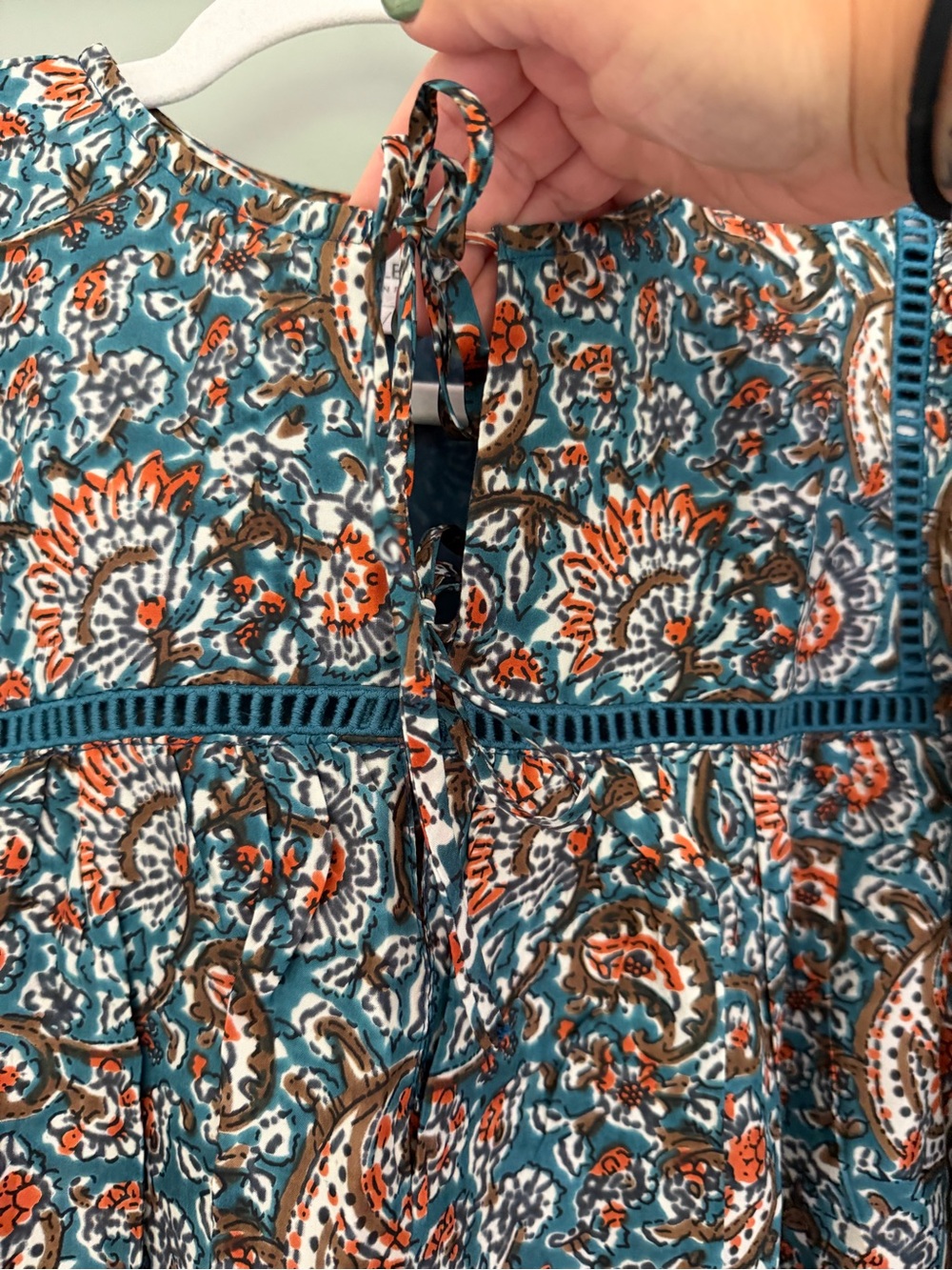 Emerson Fry India Collection "Isla" 100% Silk Teal Rust Paisley Peasant Top - Picture 8 of 15